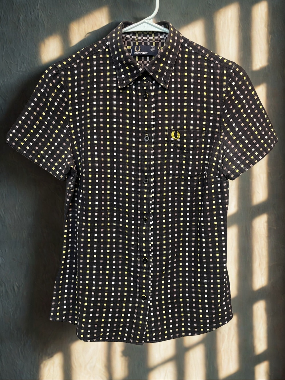 Fred Perry Black Short-Sleeve Button-Down with Yellow Check
